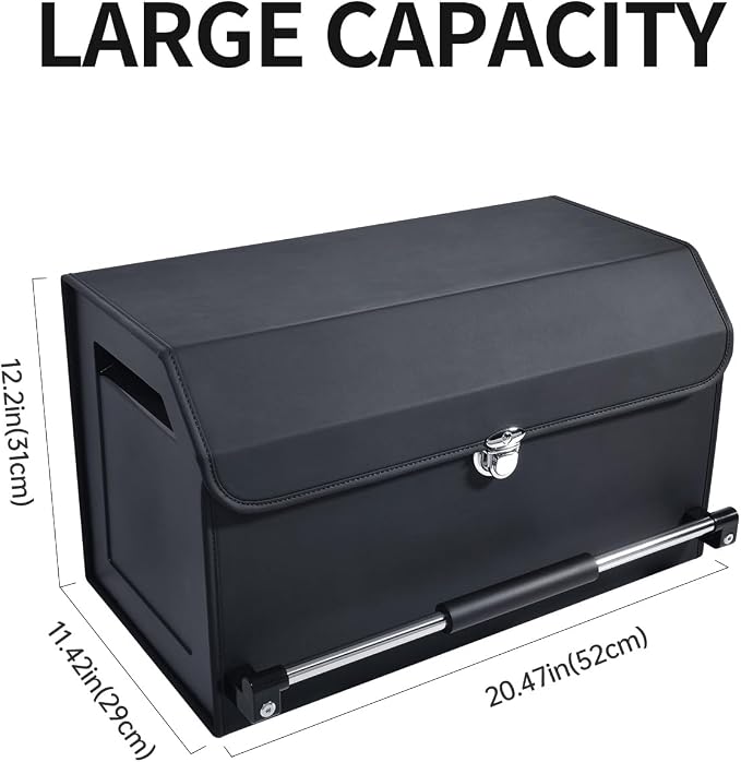Trunk Organizer for Car with Lid Leather Trunk Organizer Car Organizer | SUV Trunk Organizer with Push-pull Handle Car Trunk Storage Organizer for Minivan, Truck, Sedan (Black, 20.47x11.42x12.2in)