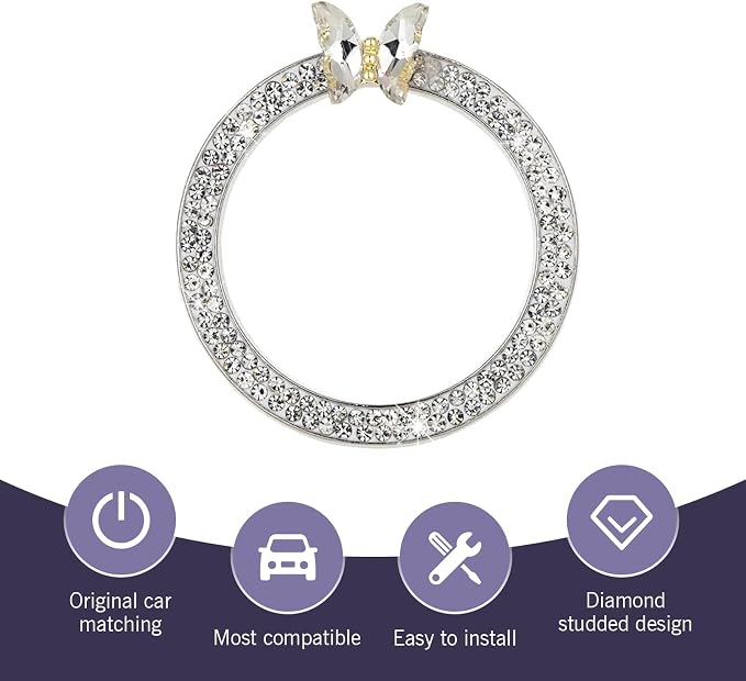Bling Car Engine Start Stop Decoration Ring, Crystal Rhinestone Butterfly for Car Button Ring, Auto Interior Accessories for Women, Push to Start Button Cover Decoration (White)