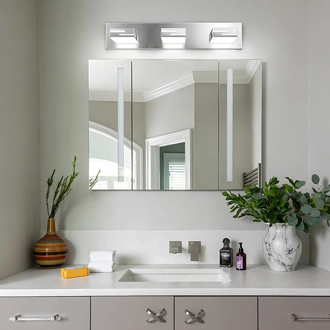 LED Modern Bathroom Vanity Light Fixtures, Dimmable Chrome Vanity Lights for Bathroom Lighting Fixtures Over Mirror, with 360° Rotatable Heads 3-Light 22-inch (Cool White 6000K)