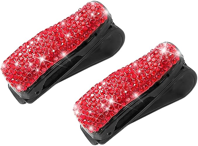 Moly Magnolia 2 PCS Glasses Holders for Car Sun Visor, Fashion Bling Crystal Rhinestones Car Eyeglasses Sunglasses Hanger Mount with Ticket Card Clip for Women Girls (Red)
