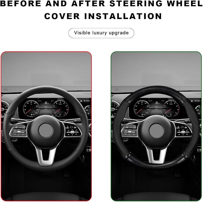 Car Breathable Steering Wheel Cover, Carbon Fiber Wear-Resistant Steering Wheel Protector for Comfy Grip, Universal Non-Slip Leather Wheel Sleeve for Most Car SUV Truck (Black)