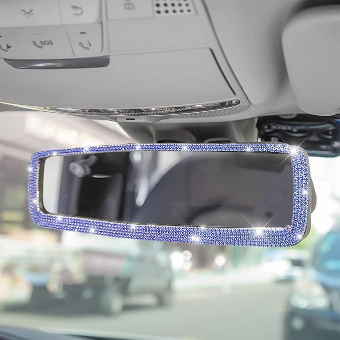 Bling Car Rear View Mirror, Rhinestones Crystal Clip-on Rearview Mirror with HD Glass, Compatible with Most Cars, SUVs, Vehicles, Auto Interior Accessories for Women Girl (Blue)