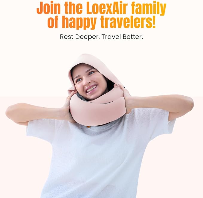 LOEXAIR⢠Hooded Pro Travel Pillow - Memory Foam Neck Support Pillow for Airplane, Flight - Super-Soft Pure Cotton Fabric, Maximum Privacy & Light-Block Design, Lightweight Full Travel Kit- Sakura Pink