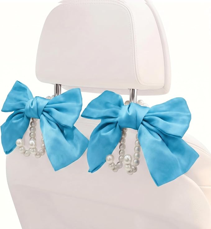 2PCS Satin Bow Pearl Car Seat Headrest Hooks β Car Bag Holder & Vehicle Hanger for Purses β Cute Coquette Aesthetic Interior Decoration β Cute Auto Organizer Accessories Universal (Sky Blue)
