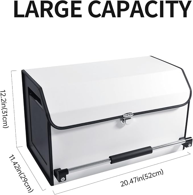 Trunk Organizer for Car with Lid Leather Trunk Organizer Car Organizer | SUV Trunk Organizer with Push-pull Handle Car Trunk Storage Organizer for Minivan, Truck, Sedan (White, 20.47x11.42x12.2in)
