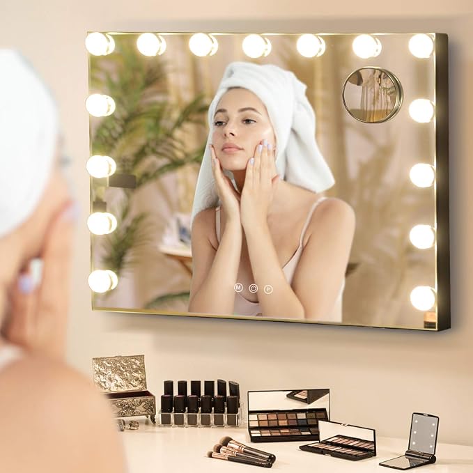 Hansong Black Vanity Mirror with Lights Large Hollywood Vanity Mirror with 15 LED Bulbs Lighted Makeup Mirror 3 Color Lighting Modes for Bedroom