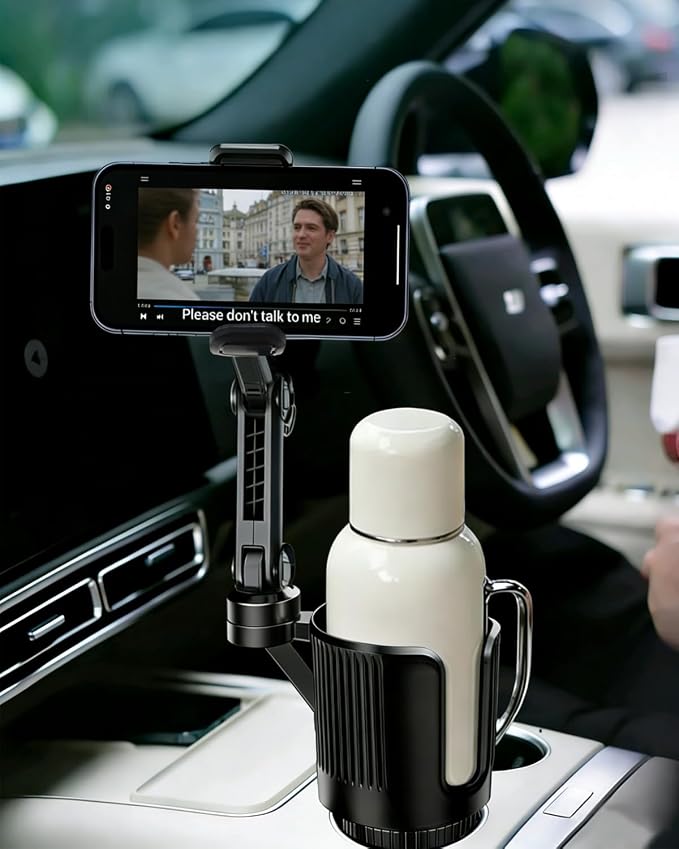 Cup Phone Holder for Car with Expandable Base, Upgraded 2 in 1 Hands Free Cellphone Holder Cupholder Car Mount, Stable Retractable Long Arm Universal Fit iphone and Large Bottle, for Truck SUV