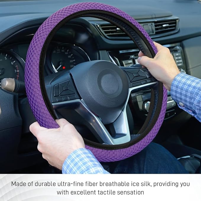 Elastic Stretch Steering Wheel Cover, Steering Wheel Protector, 15 Inch Anti-Slip Breathable Microfiber Ice Silk Protection, Easy Carry, Warm in Winter & Cool in Summer for Cars (Purple)