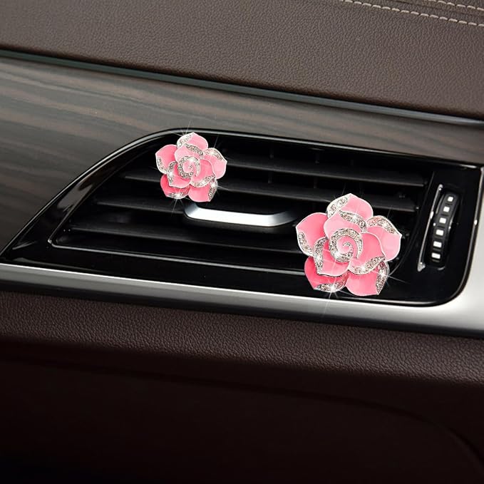 Osilly Bling Car Air Vent Clips, 4PCS/2Set Flower Rhinestone Vehicle Air Outlet Clamp, Sparkly Diamond Automotive Interior Vent Clip Charm Decor Accessories, Universal for SUV Truck RV (Rose Red)
