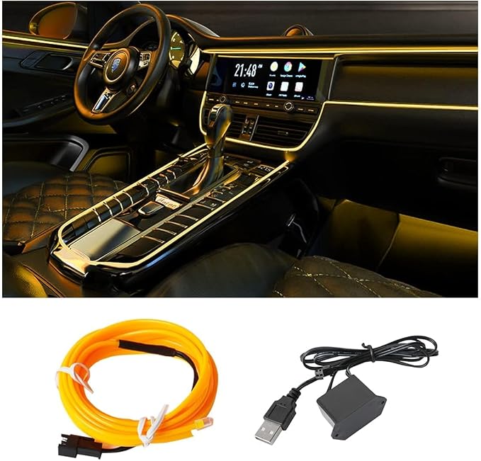 EL Wire Interior LED Strip Lights, USB Auto Neon Light With Sewing Edge, 16FT Electroluminescent Ambient Lighting Kit, Fuse Protection, Car Decoration Accessories (Yellow/16FT)