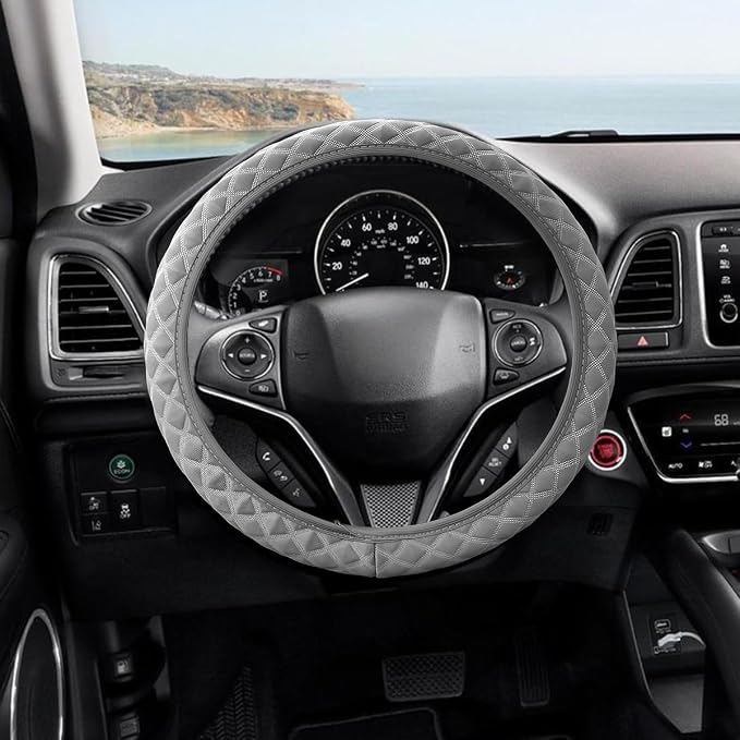 Elastic Stretch Car Steering Wheel Cover, 15Inch Breathable Ice Silk Vehicle Steering Wheel Protecter, Cool in Summer Automotive Interior Protection, Universal for SUV Sedan Truck (Gray)