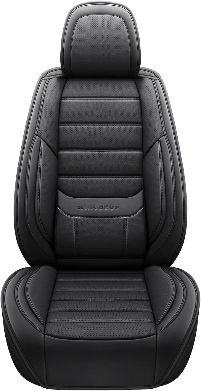 MINGBRON Black Car Seat Cover with Lumbar Support, Car Seat Protector Waterproof, Nappa Leather Car Seat Cushion, Car Seat Covers Front Seats and Back Fit for Most Cars