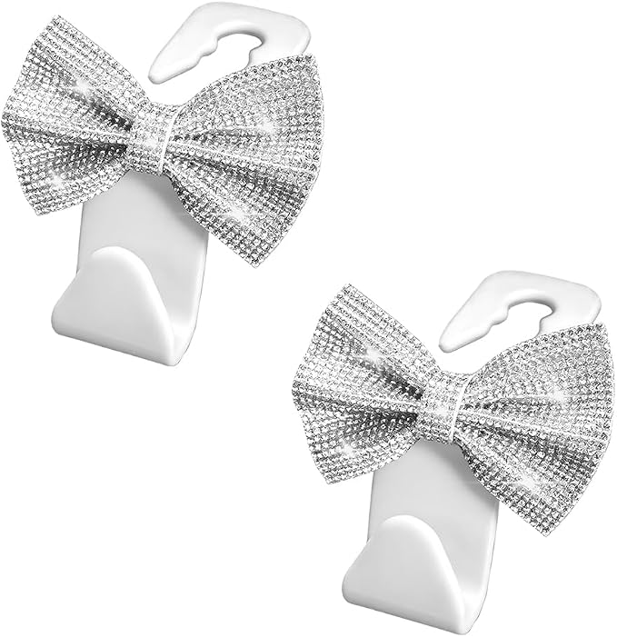 2PCS Bling Bow Car Seat Headrest Hooks, Crystal Rhinestone Vehicle Rear Seat Hanging Storage Hooks for Purses Bags Coats, Auto Headrest Storage Organizer, Universal Fit (White)