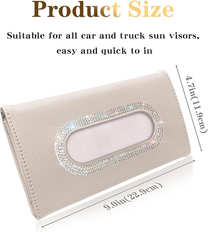 Bling Car Visor Tissue Holder, Diamond Mask Holder, PU Leather Tissue Box Holder, Wipes Case, Sun Visor Napkin Holder (White)