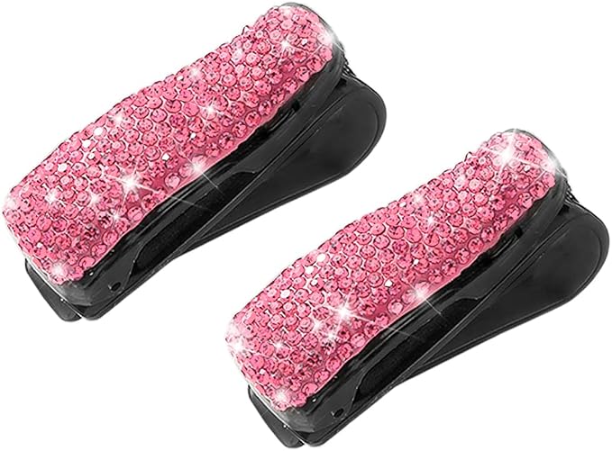 Moly Magnolia Bling Car Glasses Holder, 2PCS Handcrafted Crystal Rhinestones Fashion Car Sunglasses Mount with Card Clip for All Sun Visors, Auto Interior Accessories for Women Girl (Pink)