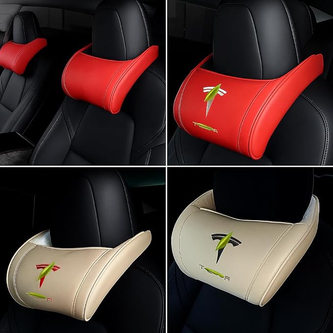 Car Headrest Neck Pillow Support Ergonomic, with Valve Stem Covers Accessory for Driving Seat Fatigue Relief Compatible with Model S X 3 Y & Cybertruck - 1 Piece