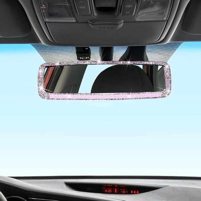 Bling Car Rear View Mirror, Rhinestones Crystal Clip-on Rearview Mirror with HD Glass, Compatible with Most Cars, SUVs, Vehicles, Auto Interior Accessories for Women Girl (Pink)
