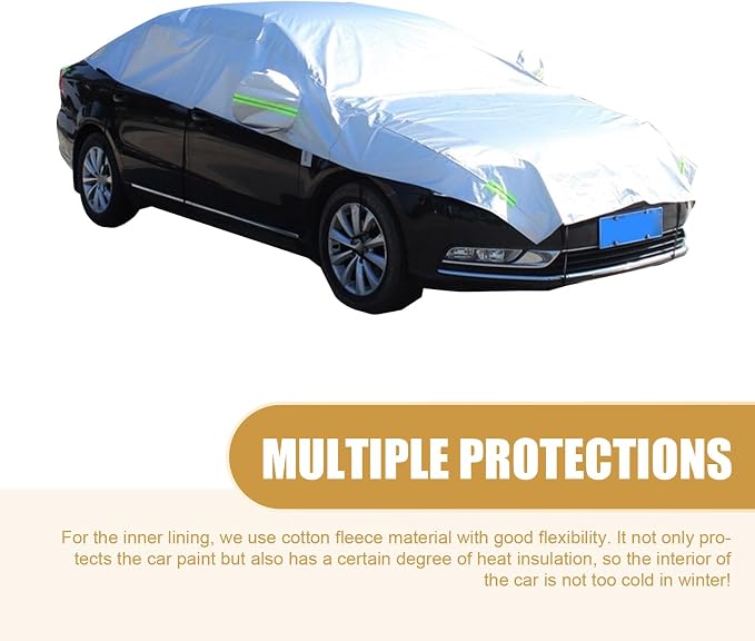 Shakas Half Car Cover, Sun Protection Heat Insulation and Anti-hail Protector for All Seasons, Oxford Velvet Thickened Waterproof Foldable Outdoor Car Cover, for Most Sedans (Silver)
