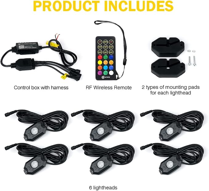Xprite Colorful LED Rock Lights Kit with Bluetooth & Wireless Remote Controller, Multicolor Cars Underglow, Wheel, Footwell Neon Light Kits, for Off-Road UTV ATV Trucks SUV Motorcycle Boats - 6 Pods