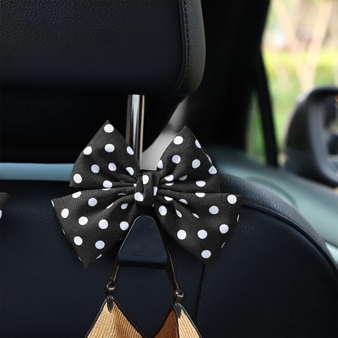 Mandark 2PCS Car Seat Hooks - Cute Bow Vehicle Hooks for Purses & Bags, Universal for SUV, Sedan, Truck (Black/Polka Dot)