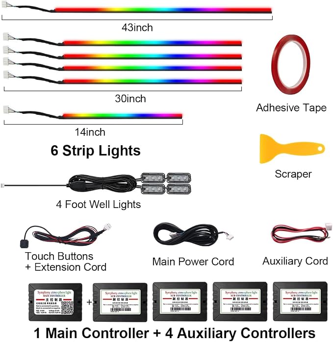 Dreamcolor Acrylic Interior Car Light with Wireless APP, RGB 10 in 1 Car Ambient Lighting Kits with 175 inches 600 LEDs, 16 Million Colors Sound Activated Car Neon Lights