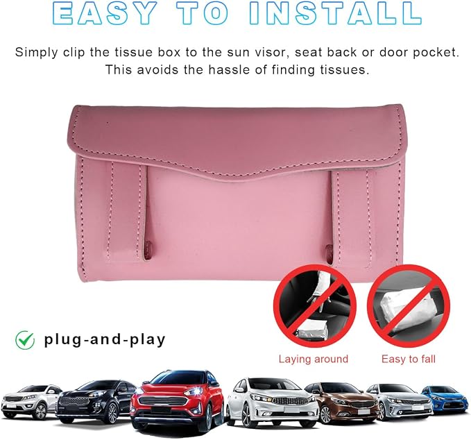 Ohleats Car Tissue Holder, Leather Sun Visor Napkin Holder, Auto Backseat Tissue Mask Case Dispenser for Most Vehicles, Universal Interior Car Accessories Hanging Tissues (Pink)