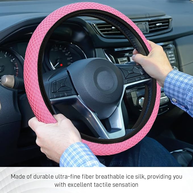 Elastic Stretch Steering Wheel Cover, Steering Wheel Protector, 15 Inch Anti-Slip Breathable Microfiber Ice Silk Protection, Easy Carry, Warm in Winter & Cool in Summer for Cars (Pink)