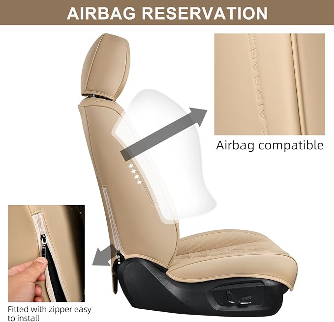 Car Seat Covers Front Pair, Breathable Leather Automotive Front Seat Covers with Headrest, Universal Automotive Vehicle Seat Cover for Most Sedan SUV Pick-up Trucks, Beige