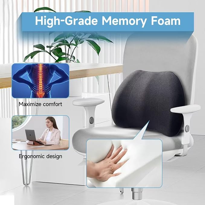 Really Plush Lumbar Support Pillow for Car Seat, Lower Back Support Pillow | 100% Memory Foam Lumbar Pillow - Breathable Removable Cover & Ergonomic Design, Back Pillow for Back Pain Relief(Black, 1PC)
