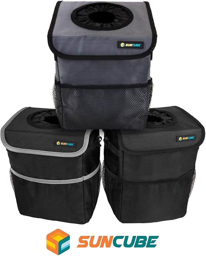 SUN CUBE Waterproof Car Trash Can with Lid, Mesh Pockets | Leakproof Car Garbage Can Hanging | Auto Trash Bin, Garbage Bag Organizer for Headrest, Console, Truck (Black/Gray)
