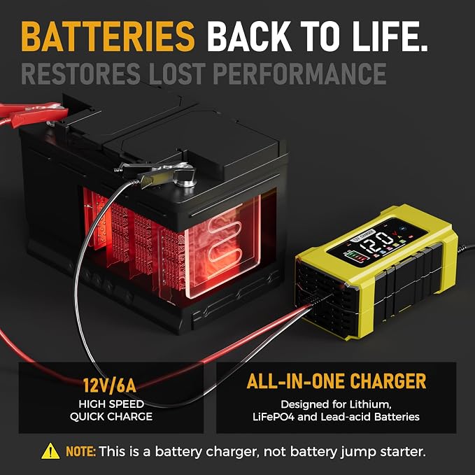 Automatic Car Battery Chargerโ12V 0-6A Adjustable Smart Trickle Charger with Battery Repair,Automatic Desulfation,Temperature Compensation Functions,Suitable for AGM,Gel,Deep Cycle,Lead-Acid Batteries