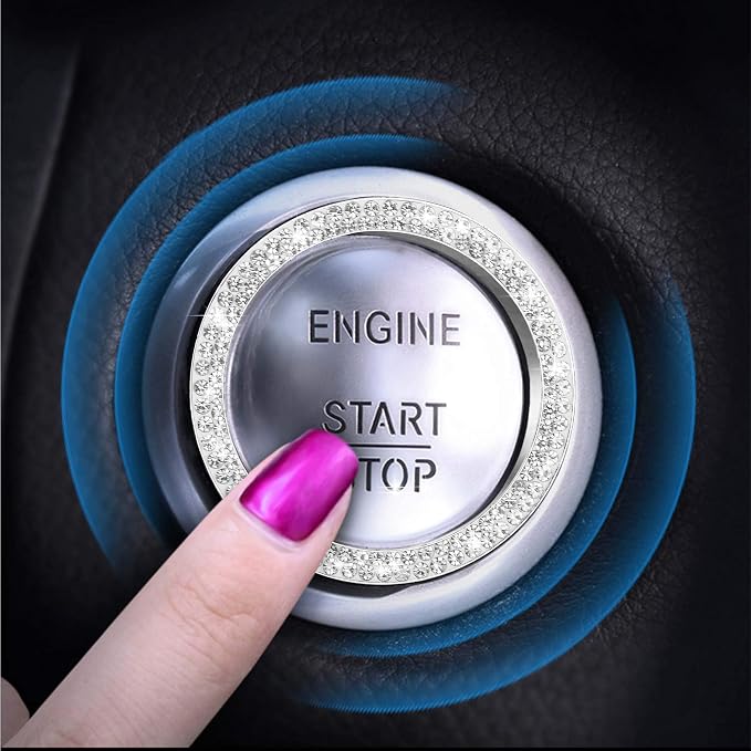 WINKA 2pcs Bling Car Engine Start Button Cover Diamond Crystal Push Start Stop Button Ring Sparkly Bling Ignition Button Cover Rhinestone Keyless Ignition Ring Universal Car Accessories (White)