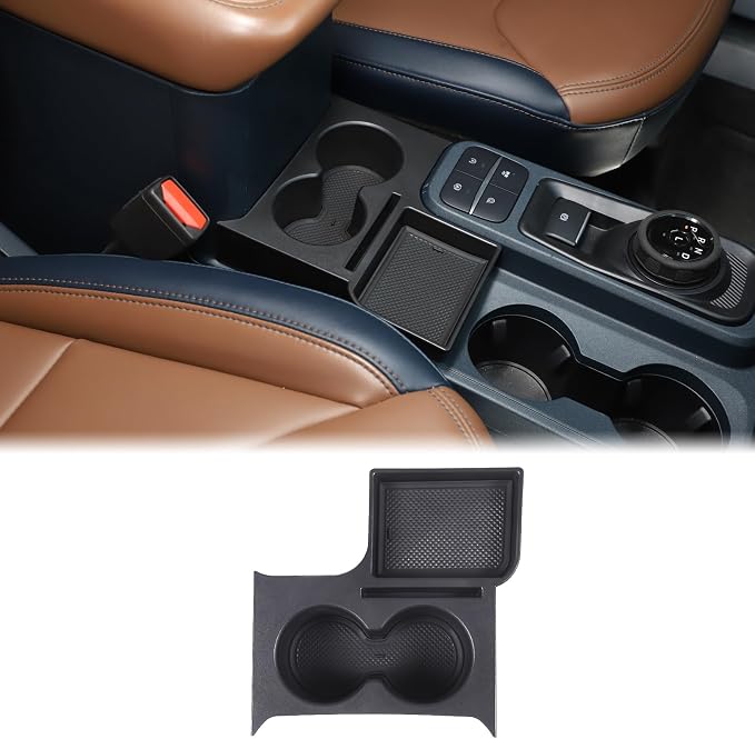 Center Console Cup Holder Organizer Compatible with Ford Maverick 2022-2026 | Front Seat Armrest Storage Box Dual Cupholder Insert Expander Tray Drink Water Bottle Holder with Mat Interior Accessories