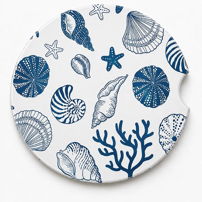 2Pack Car Cup Holder Coasters Absorbent Ceramic Coaster 2.56" for Women & Men Beach Shell Car Accessories