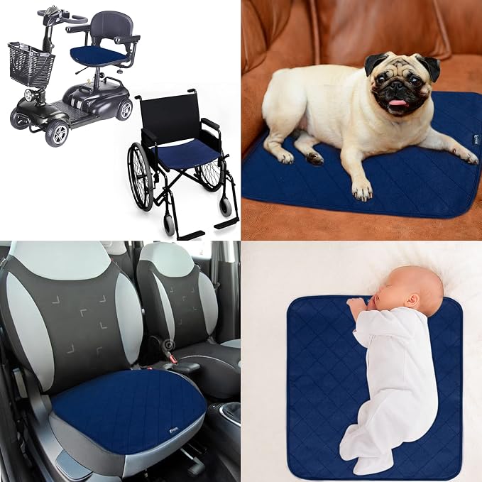 Waterproof Chair Pads for Incontinence 18" x 16", 2 Pack Non Slip Absorbent Wheelchair Reusable Seat Protector, Washable Seat Covers for Chairs, Navy