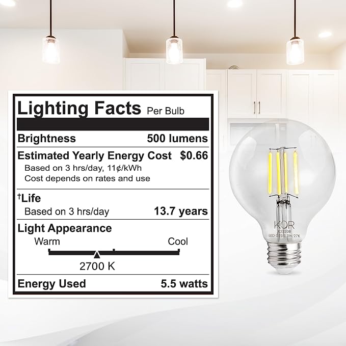 KOR 4 Pack 5.5W (60W Equivalent) Clear G25 Globe Led Light Bulbs 2700K Warm White Dimmable Filament G25 Vintage LED E26 Base Dimmable Globe for Bathroom Vanity Bedroom Pendant