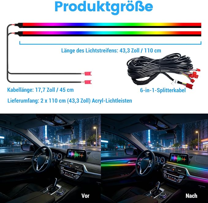 HMYC Dream color Acrylic Interior Car Lights, 2 Pieces 110cm/43.3inch 128 Colorful Car LED Strip Light RGB Fiber Optic Rainbow Ambient Lighting bar, Universal Decoration Dynamic Atmosphere Neon Lights