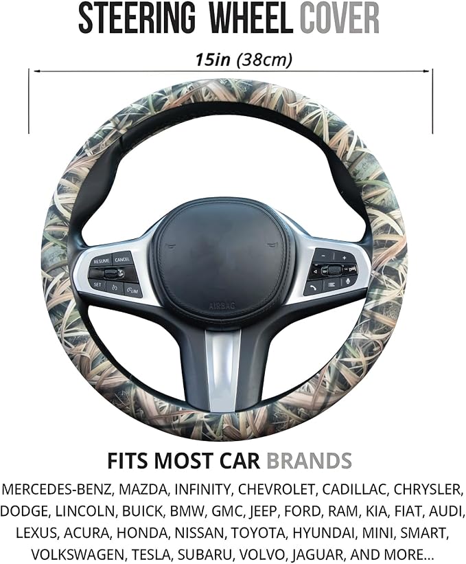 Mossy Oak Shadow Grass Blades Steering Wheel Cover Auto Steering Wheel Protector, Anti-Slip, Breathable, Absorbing Sweat, Universal Camo Car Accessories 14.5–15 inch,Fit for Most Car, Trucks, SUV
