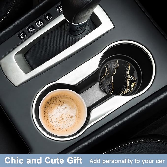 Nipichsha Car Coasters for Cup Holders, 2 Pack Absorbent Ceramic Car Cup Holder Coaster for Drinks, Cute Auto Assecories for Women Men, Size 2.56 in with Finger Notch & Cork Base, Luxury Black Marble