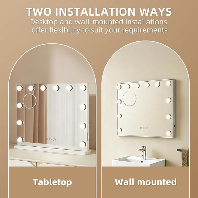 Vanity Mirror with Lights, 19.7"x16.5" Hollywood Mirror with 12 Dimmable LED Bulbs, 3 Color Lighting Modes & 10X Magnification Desk Wall-Mounted Makeup Vanity Mirror