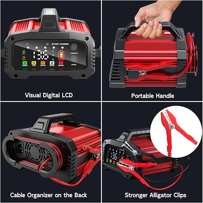 Battery Charger 25A Smart Trickle Charger Maintainer 12V/24V LiFePO4 | Car battery charger Lead Acid Compatible with Temperature Compensation for Car Truck Motorcycle Lawn Mower Boat