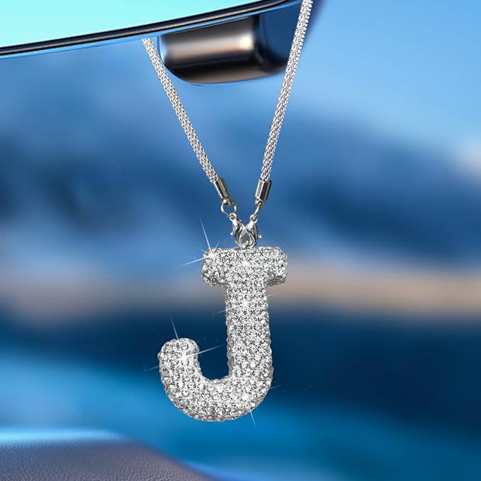 Bling Car Accessories for Women Letter Charm, Rear View Mirror Ornament Cute Hanging Crystal Pendant Girl Car Decorations, Lucky Diamond Rhinestone Girly Charm Interior (White J)