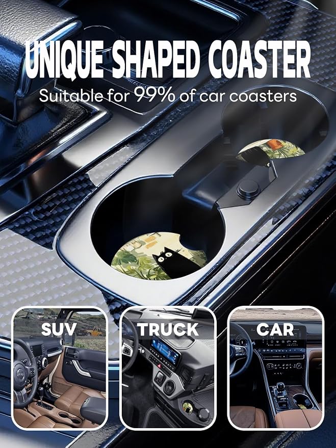WOCOCN Car Coasters,Cup Holder Coasters for Car,2.75inch Anti Slip and Absorbent,Cute Automotive Interior Accessories for Cup Holder,Pack of 2 (Potted Black Cat)