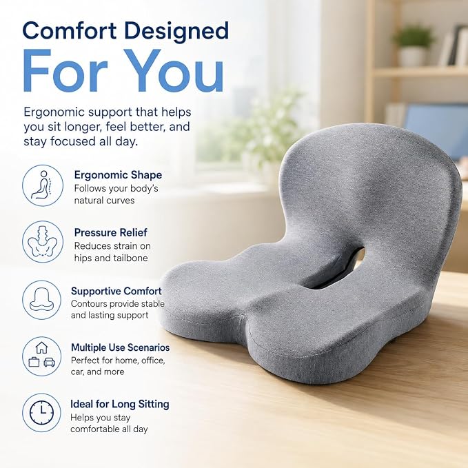 Orthopedic Memory Foam Car Seat Cushion for Sciatica & Back Pain Relief - Ergonomic Non-Slip Office Chair Cushion & Car Cushions for Long Driving with Lumbar Support, Universal Fit (Black)