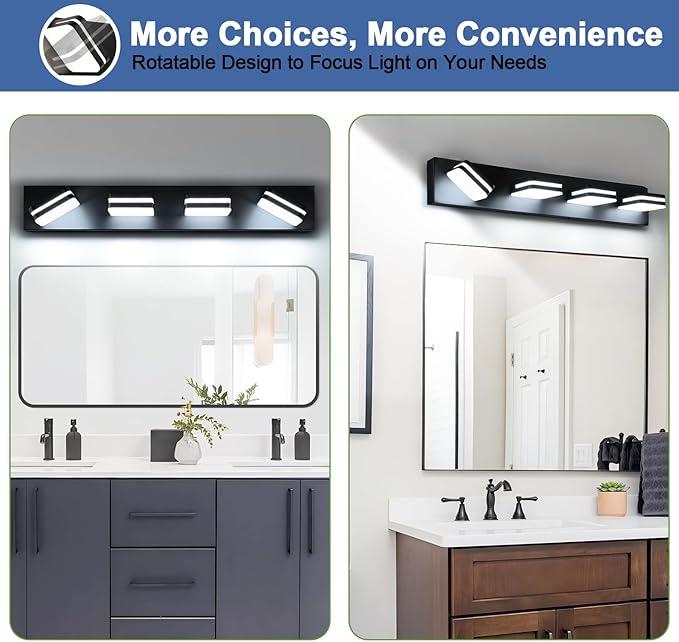 Torondo 360° Rotate LED Bathroom Vanity Light Fixtures, Acrylic Vanity Lights for Bathroom, Modern Wall Lighting Fixtures Over Mirror Living, Matte Black, 100%-0% Natural White, 4-Light, 27-Inch