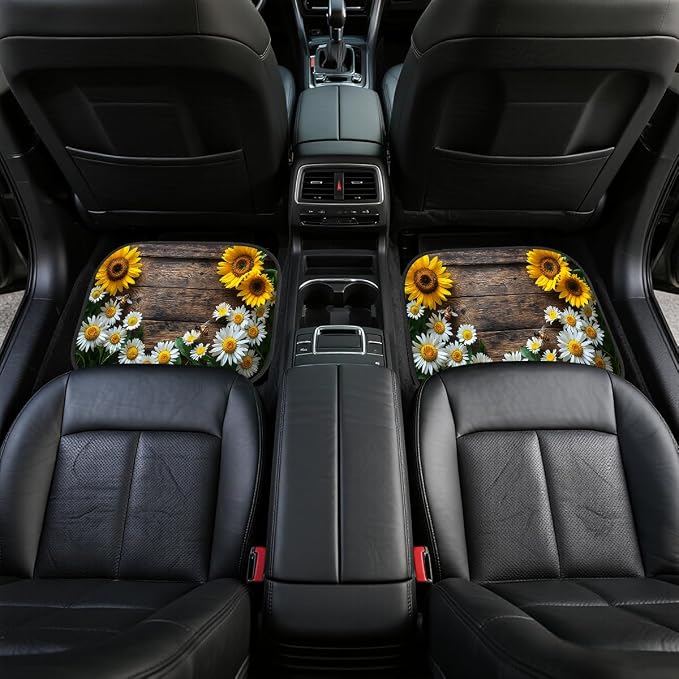 Sunflower Car Floor Mats Set of 4 Vintage Daisy Bee Wood Rustic Automotive Foot Mats Rugs Carpet for Car Non-Slip Auto Car Accessories Universal Fit Car Accessories for Truck