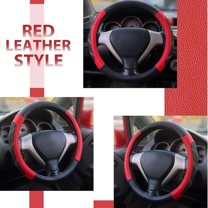 Car Steering Wheel Cover, 15 Inch Leather Breathable Auto Wheel Protection Cover with Non-Slip Lining, Padded Soft Grip Vehicle Steering Protector, Universal Fit (Black/Red)