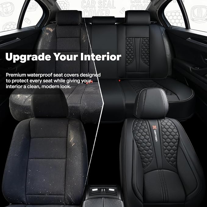 Black Universal Car Seat Cover, Waterproof Leather, Lumbar Support | Compatible with over 7,200+ Vehicle Models