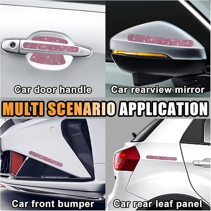 JOYCOURT 10PCS Bling Car Door Handle Anti-Scratch Sticker, Pink | Universal Car Door Handle Cup Protective Cover, Adhesive Door Bowl Sticker, Shiny Rhinestone Auto Decor Accessories for Women