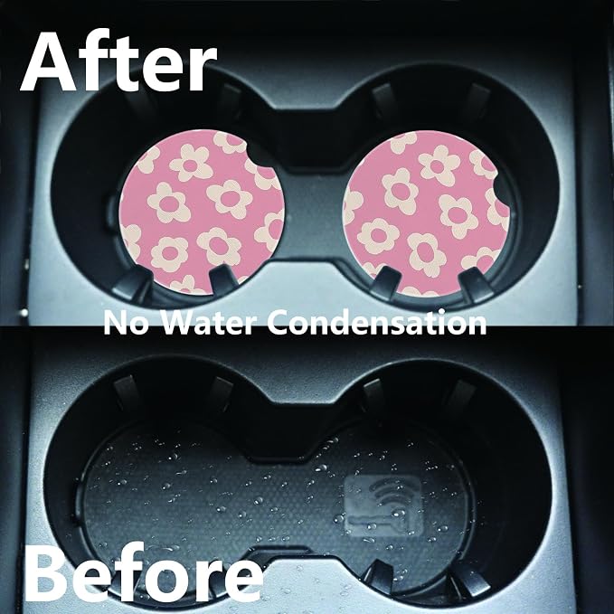 2pcs Pink and White Flowers Car Coasters,Absorbent Universal neoprener Cup Holder Coasters with a Finger Notch,Car Accessories for Women&Man Interior,2.75"